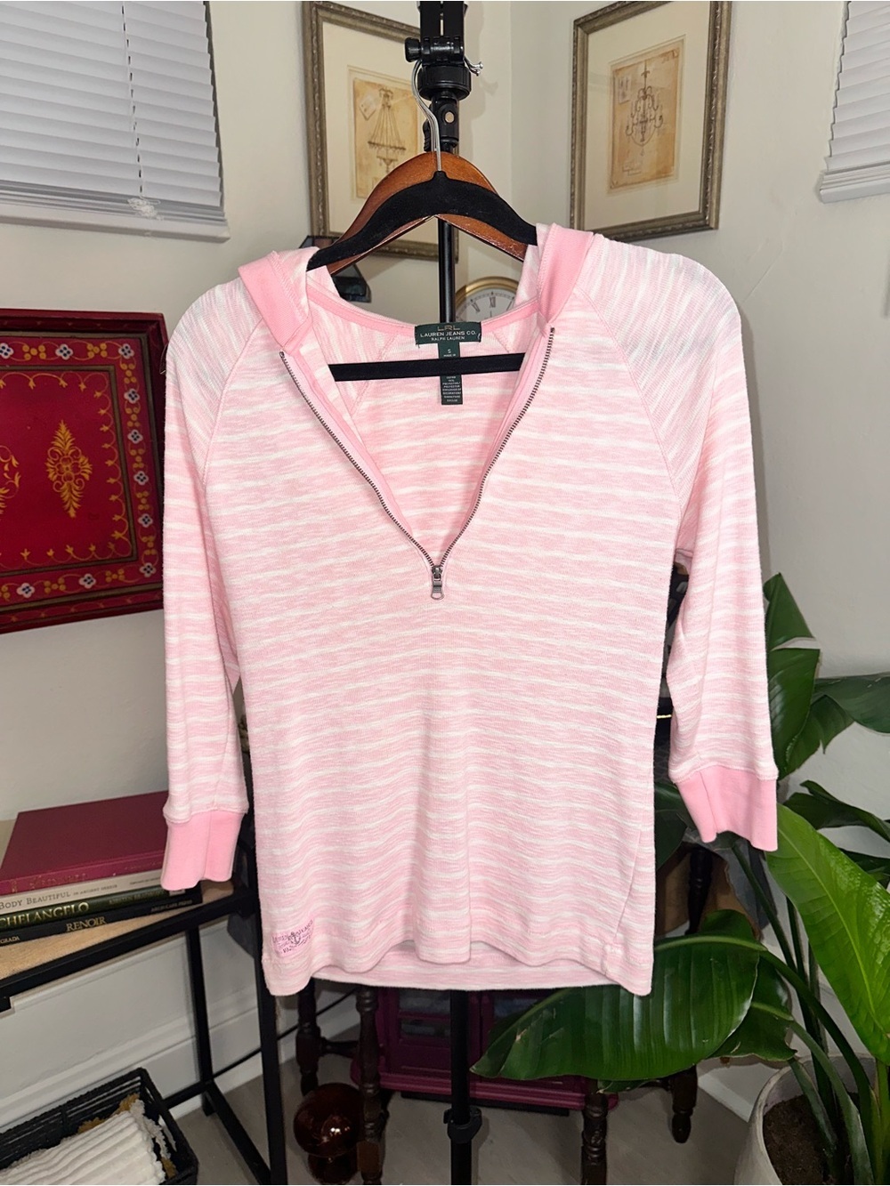 Ralph Lauren Pink and White Striped Zip-Neck Top